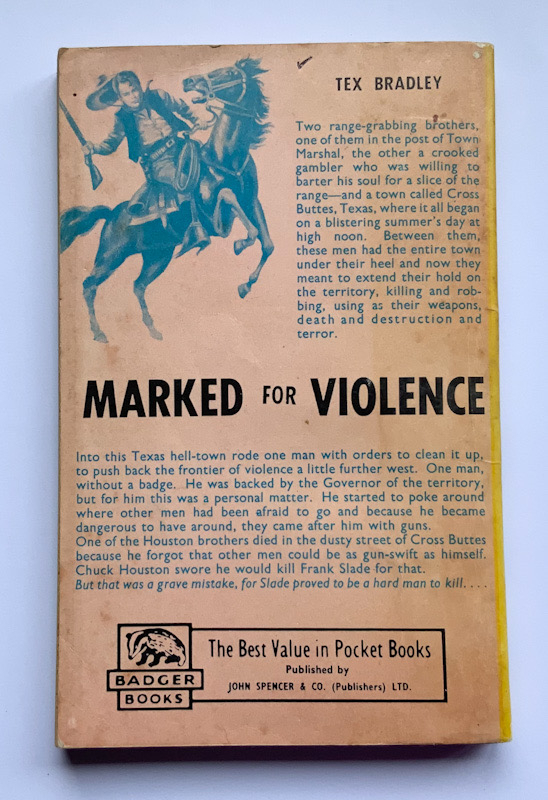 MARKED FOR VIOLENCE British pulp fiction Western book c1950s